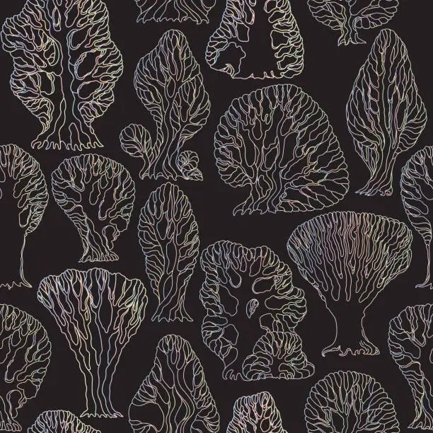 Vector illustration of Vector floral seamless pattern. Hand drawn fantasy pearl colored contour trees on a black background