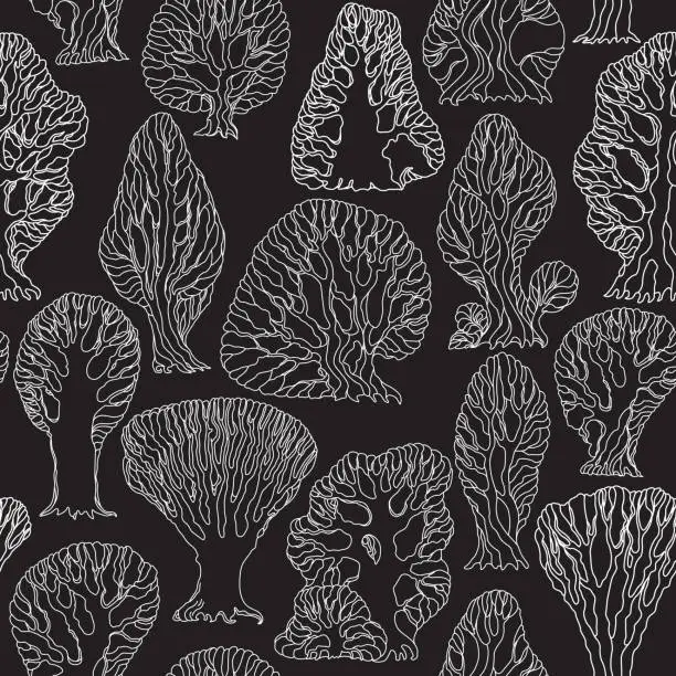 Vector illustration of Vector floral seamless pattern. Hand drawn fantasy white contour trees on a black background