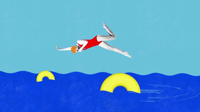 Young woman in red swimming suit and cap jumping into sea with swimming circle. Vacation. Stop motion, animation. Bright colorful design.