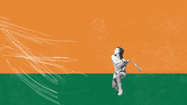 Young pretty girl in uniform playing tennis against orange green background. Summertime activity. Stop motion, animation. Bright colorful design.
