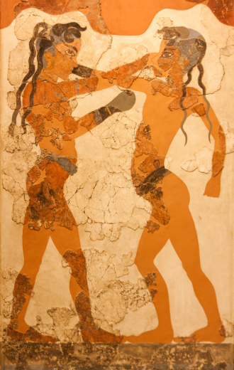 Fresco depicting two young boxers, which was uncovered in Akrotiri, in the island of Thira (Santorini), in Greece, dating to approximately 1600BC.