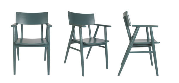 istock Set of three emerald color wooden chairs in different view angles over white 1796493383