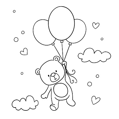 Cute cartoon bear flying with balloon in clouds. Vector funny cartoon bear outline sketch drawing for childish coloring book or page.