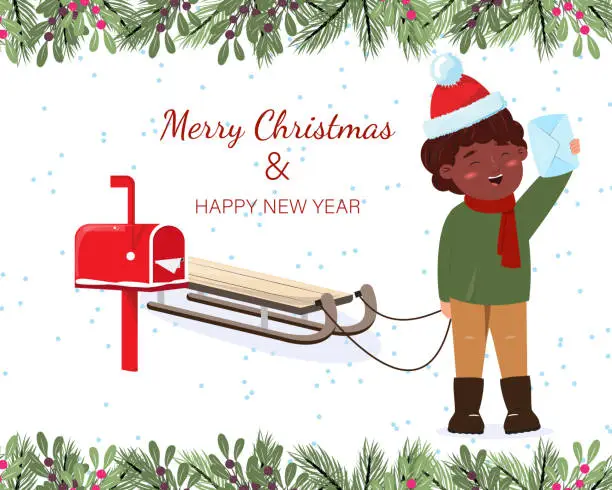 Vector illustration of Black boy holding a letter to Santa Claus and pulling a sleigh. Merry Christmas and Happy New Year card