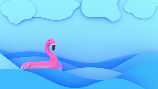pink flamingo in the sea, inflatable toy, cartoon style