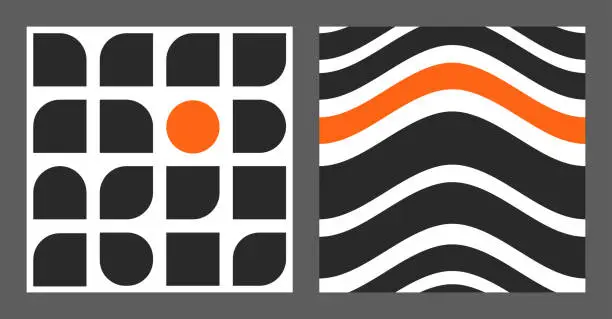 Vector illustration of Avant-garde Primitive pattern set. Naive abstract shapes and waves in trendy Brutal style. Minimalistic Primitive design. Geometric Bauhaus print in black and red colours. Vector illustration.