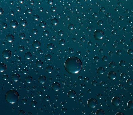 A large group of water drops on green Surface illuminated by the sun.