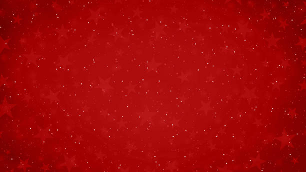jaskrawoczerwona lub bordowa gwiaździsta tapeta ze słabymi gwiazdami jako znakiem wodnym i błyszczącym efektem brokatu świecącym białymi kropkami na całym poziomym tle - christmas card christmas parchment red stock illustrations