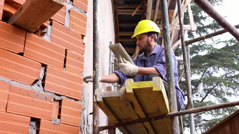 Male worker cementing a wall while standing on a scaffold at a construction site