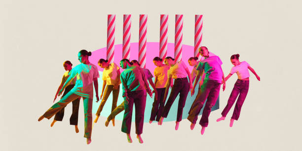 istock Poster. Contemporary art collage. Modern creative artwork. Group of dancers dancing in neon light with candy canes. 1796558252