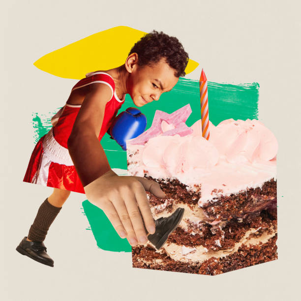 istock Poster. Contemporary art collage. Modern creative artwork. Huge boy dressed in sport uniform and boxing gloves go to big piece of cake. 1796558258