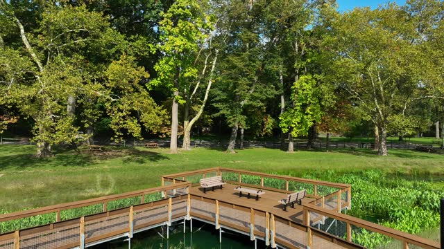 Wooden boardwalk with benches over lush green wetland in a serene park setting. Aerial view.