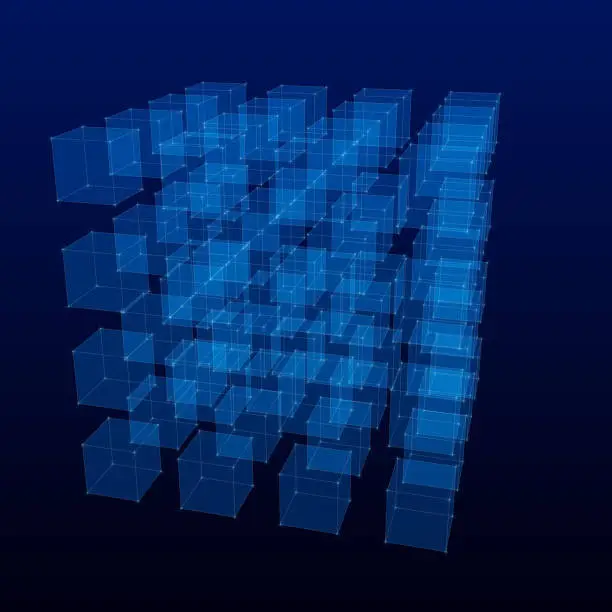 Vector illustration of Abstract blue 3D grid of cubes on a dark background.