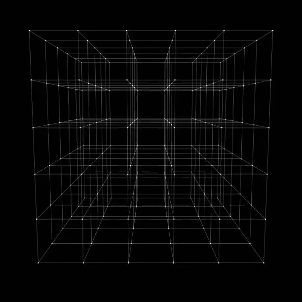 Vector illustration of 3D wireframe cube structure on black background.
