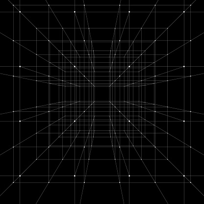 Abstract digital perspective grid on black background, giving a sense of depth and technology.