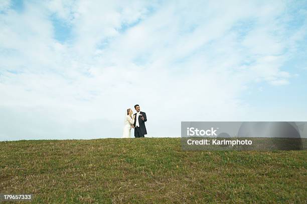 Bride And Groom On A Hill Stock Photo - Download Image Now - Adult, Black Color, Blue