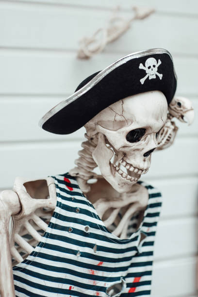 istock Skeleton in pirate costume with cocked hat black at halloween party 1796604591