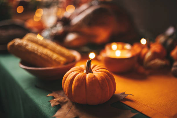 Thanksgiving day dinner with holiday autumn decor and candles. Family dining room table set with delicious golden roasted turkey on platter garnished rosemary fresh small pumpkins