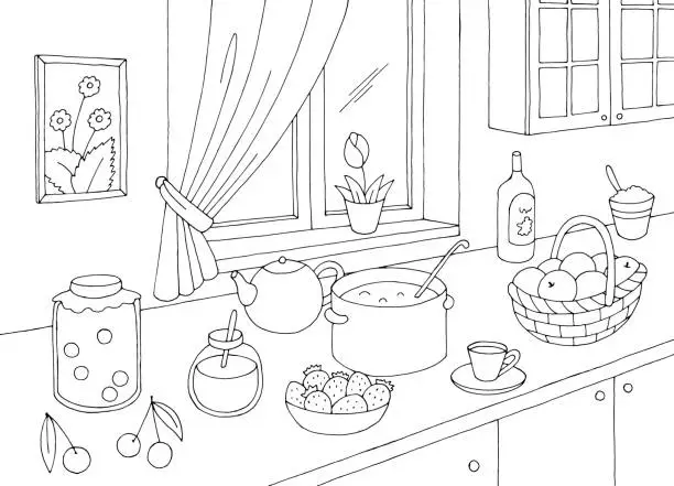 Vector illustration of Jam in the kitchen room interior black white graphic sketch illustration vector