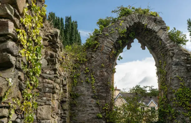 Photo of Irish church ruins with blue cloudy sky