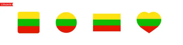 Vector illustration of National flag of Lithuania. Lithuania flag icons in the shape of a square, circle, heart. Isolated flag symbols for language selection. Vector icons