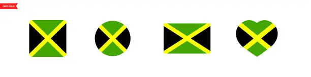 Vector illustration of National flag of Jamaica. Jamaica flag icons in the shape of a square, circle, heart. Isolated flag symbols for language selection. Vector icons