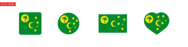 Vector illustration of National flag of Cocos Islands. Cocos Islands flag icons in the shape of a square, circle, heart. Isolated flag symbols for language selection. Vector icons