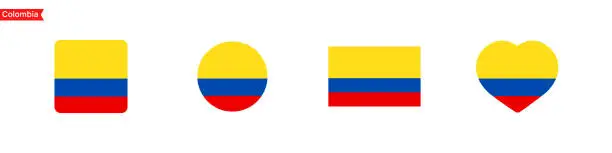 Vector illustration of Colombia flag icons. Colombia flag set symbols. National symbol. Square, circle, heart shape flags. Vector isolated