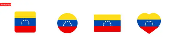 Vector illustration of National flag of Venezuela. Flag icons for language selection. Venezuela flag in the shape of a square, circle, heart. Vector icons