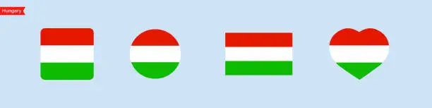 Vector illustration of National flag of Hungary icons. Hungary flag in the shape of a square, circle, heart. Website language choice symbols. Vector UI flag design