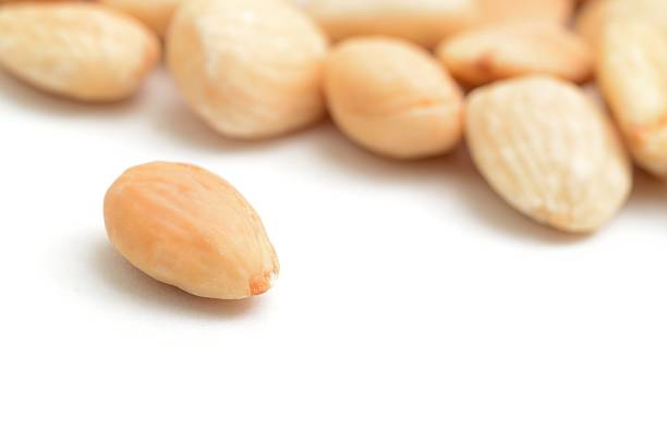 A close up shot of a roasted marcona almond with some more in the background.