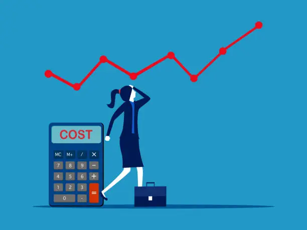 Vector illustration of Costs affect profits. Businesswoman standing looking at cost chart