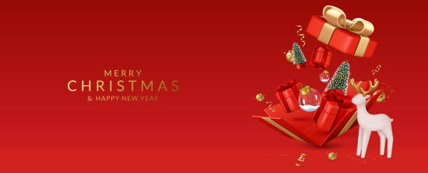 istock Christmas and New Year greeting card with open gift box with trees, balls, gift boxes, confetti, ribbons and deer. 1796651480