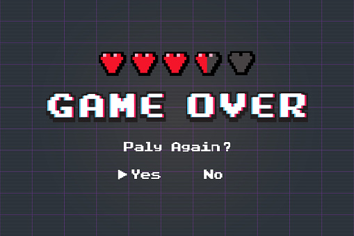 Game over pixel art design with hearts.pixel art .8 bit game.retro game. for game assets in vector illustrations.