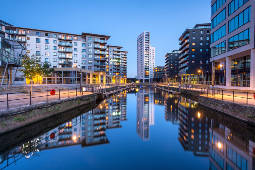 Wide angle view of modern architecture at Clarence Docks in the city of Leeds, England, UK.