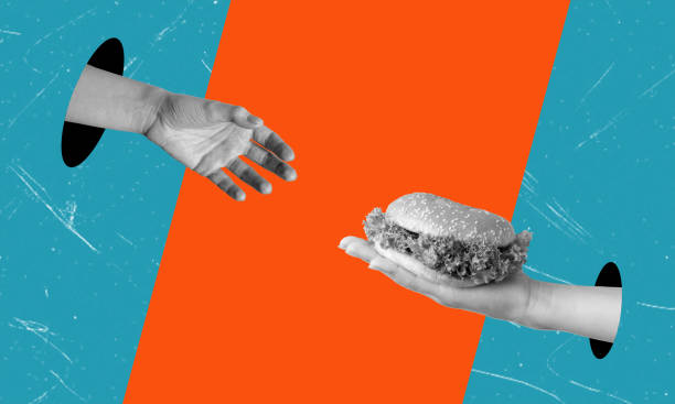 istock Art collage, hand passes the burger. 1796659112