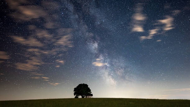 istock Milky Way over a chapel with a small tree 1796661883