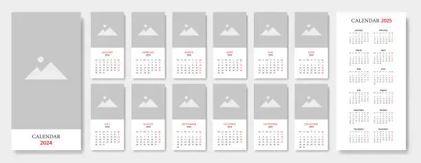 Vector illustration of Wall calendar 2024 with space for image plus yearly calendar of 2025, week starting monday.