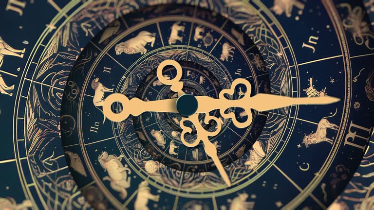 Astrology horoscope zodiac sign concept metaphor for date and time. Clock hands rotate in infinite time - video loop animation on horoscope wheel background.