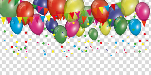 bunter geburtstagshintergrund mit luftballons, konfetti und wimpeln auf transparentem hintergrund - birthday card birthday new years eve balloon stock-grafiken, -clipart, -cartoons und -symbole