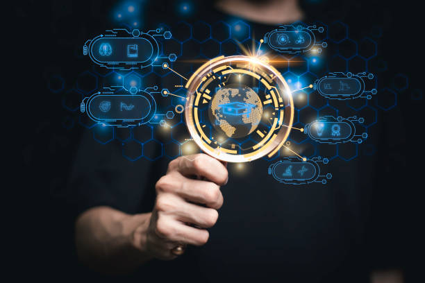 istock Teacher holding magnifying glass graduation hat, Internet education science course degree, study knowledge to creative thinking idea. E-learning graduate certificate program educational business concept. 1796671070