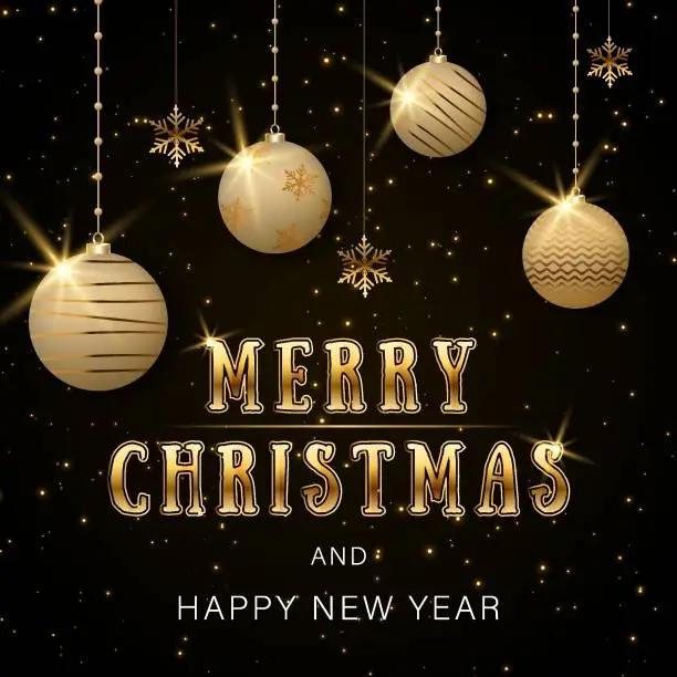 Vector illustration of Christmas background with elegant golden balls decoration and inscription Merry Christmas and Happy New Year. Template for Christmas banner, greeting card. Vector illustration