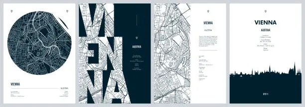 Vector illustration of Set of travel posters with Vienna, detailed urban street plan city map, Silhouette city skyline, vector artwork