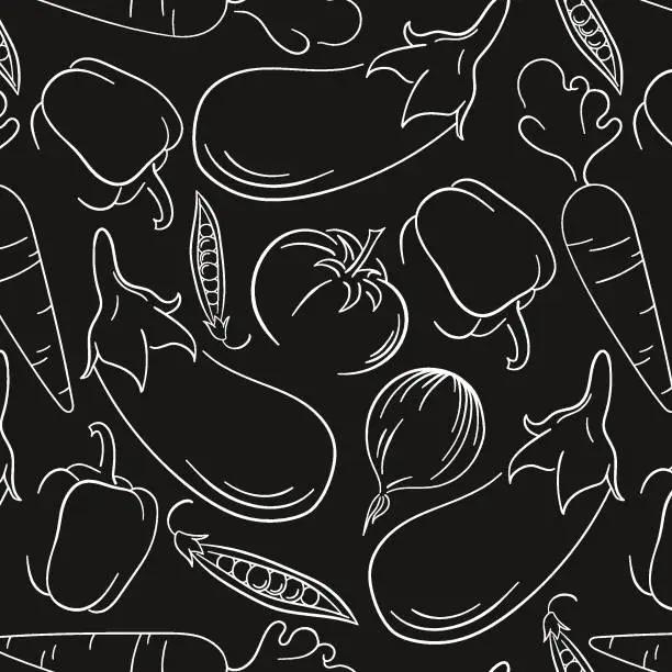 Vector illustration of Vegetables seamless pattern in line art style. Hand drawn doodle fresh vegetable. Vector illustration on a black background.