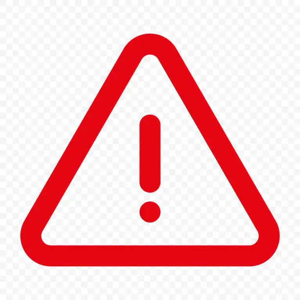Vector illustration of Attention sign red color. Triangle frame on transparent background. Hazard information symbol. Vector stock illustration.