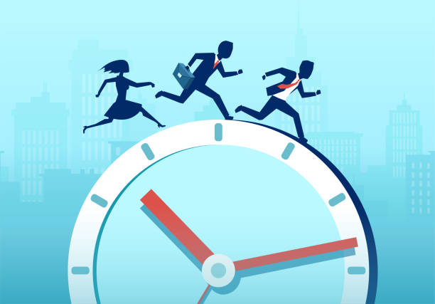 istock Deadline, busy office life. Vector of business people run fast around the clock. 1796672255
