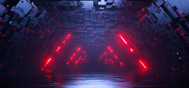 istock Sci-fi hexagonal empty tunnel with glowing red neon hexagon sign background 1796677407