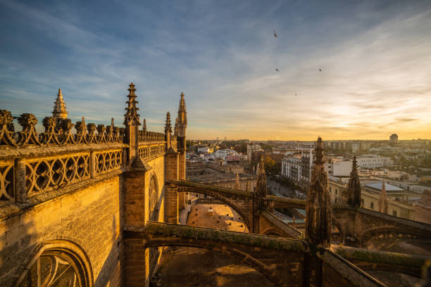 View of Seville from the rooftops of the cathedral at the sunset Immerse yourself in the enchanting beauty of Seville with this breathtaking image showcasing a panoramic view from the rooftops of the cathedral at sunset. The warm, golden hues of the setting sun bathe the historic cityscape, casting a magical glow over the iconic landmarks and narrow streets below. The silhouette of the cathedral stands majestically against the vibrant sky, while the city unfolds in a captivating tapestry of architecture and culture. Ideal for travel and destination themes, this photograph captures the romantic allure of Seville, inviting viewers to savor the serenity and charm of this timeless Spanish city as day gracefully transitions into night. santa cruz seville stock pictures, royalty-free photos & images