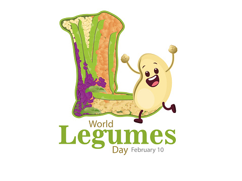 February 10, World Pulses Day.letter L filled with some pulses such as beans, chickpeas, lupins, soybeans and a smiling bean to celebrate the day, all of them on a white background.