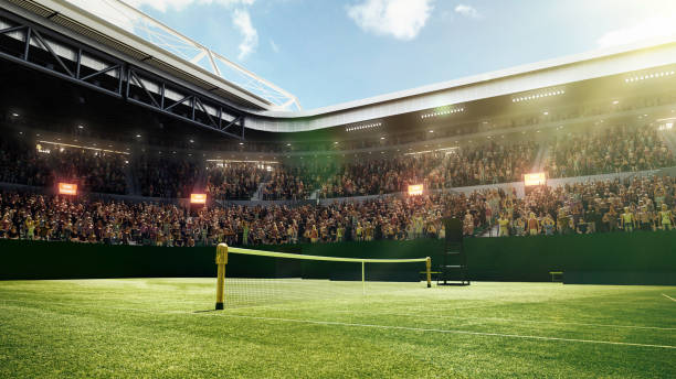 Empty tennis court with grass surface, net and sport fans sitting on tribune, waiting for the game start. Open air stadium with flashlights. 3D render Empty tennis court with grass surface, net and sport fans sitting on tribune, waiting for game start. Open air stadium with flashlights. Sport, game, activity, championship, match concept. 3D render tennis stock pictures, royalty-free photos & images